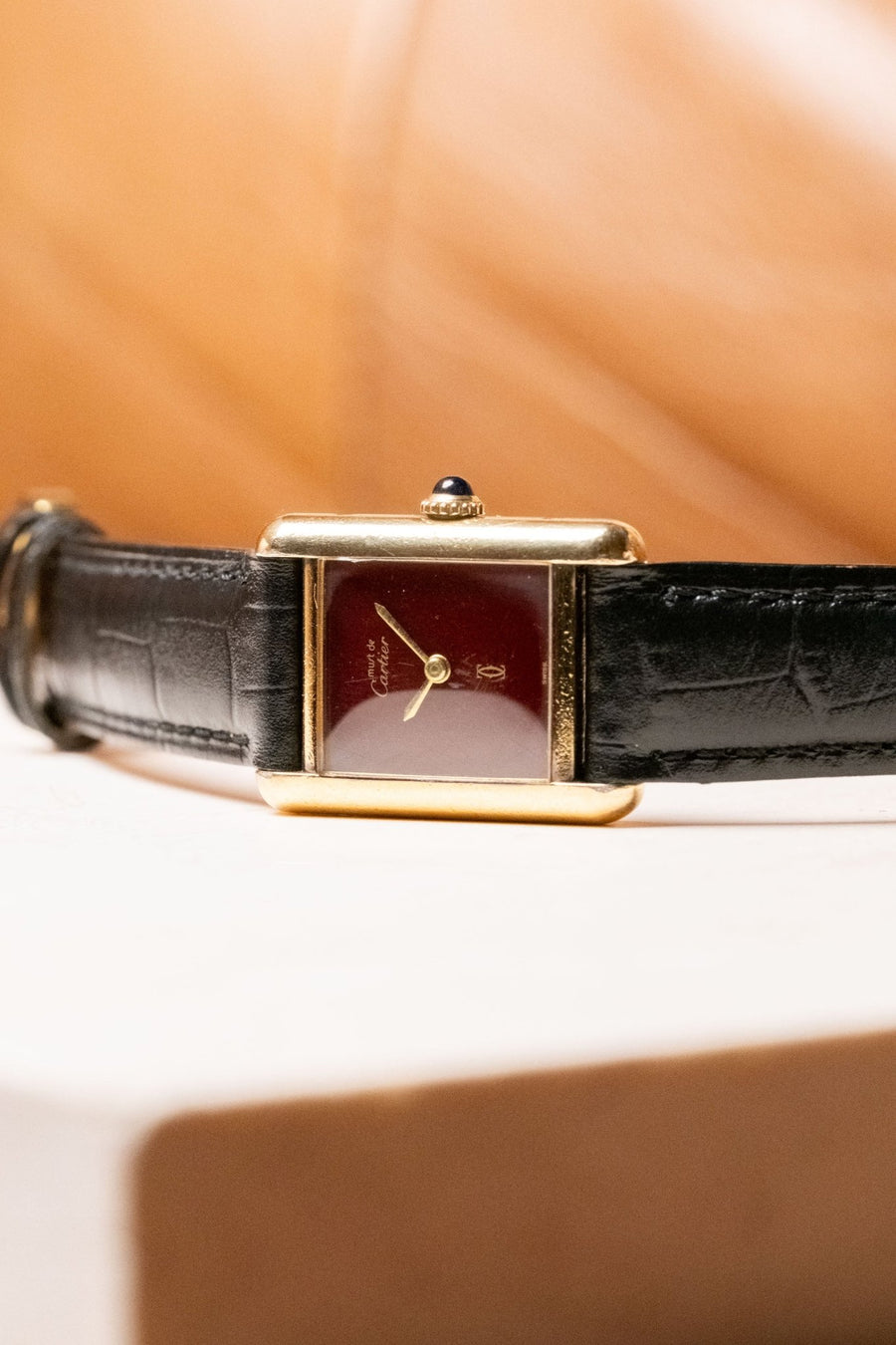 1990s Cartier Tank Must de Cartier Vermeil SM Burgundy Dial Ref. 3013201 - Wristory