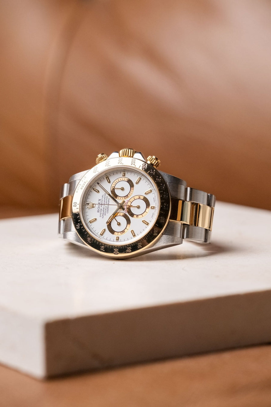 Rolex Daytona 16523 two-tone white dial front view at Wristory Melbourne