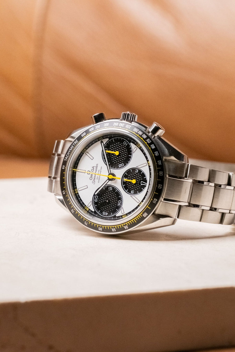 2024 OMEGA Speedmaster Racing White Dial with Yellow Accents Ref. 326.30.40.50.04.001 - Wristory
