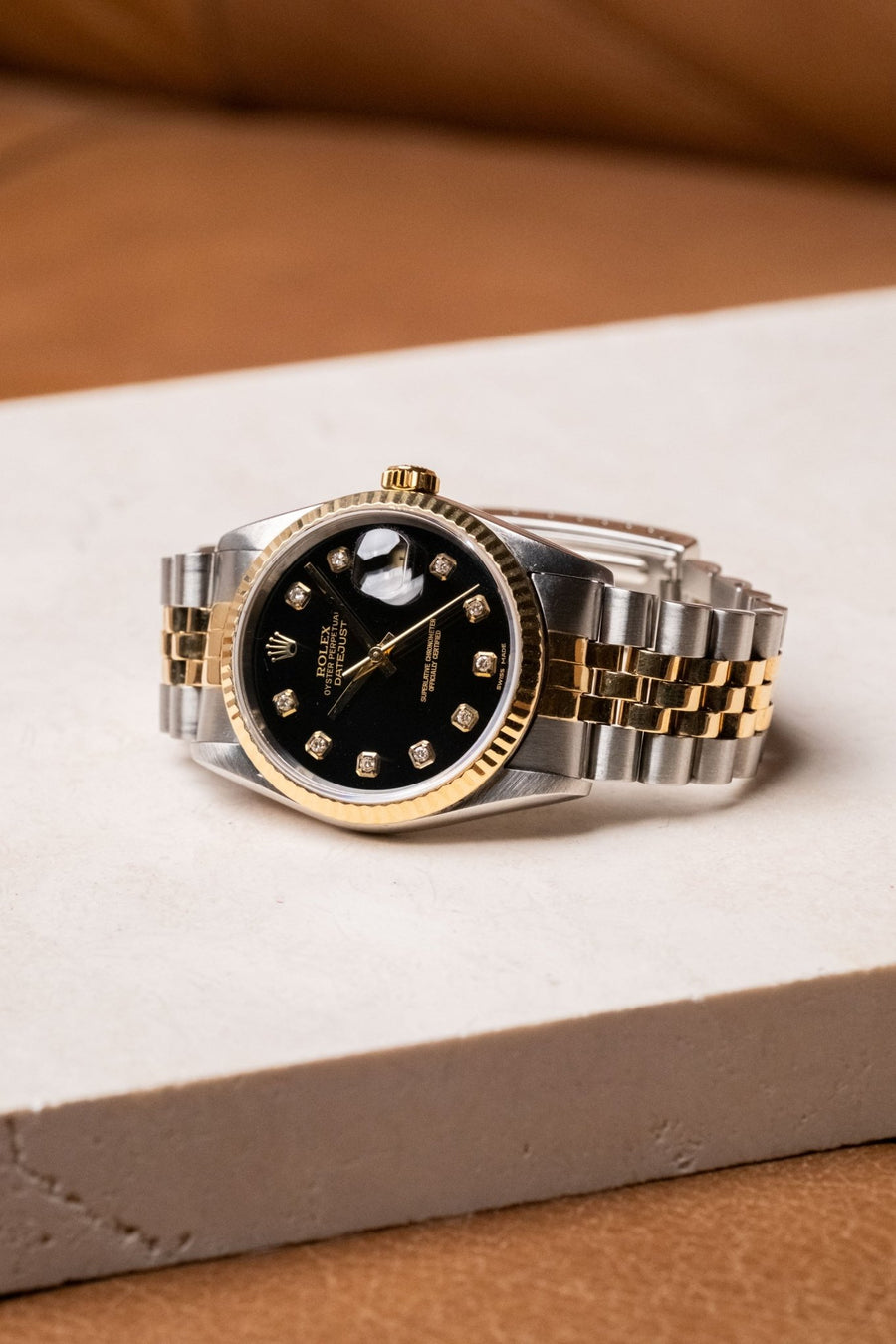 Rolex Datejust 36 Two - Tone Black Big Diamond Fluted Jubilee 16233G - Wristory
