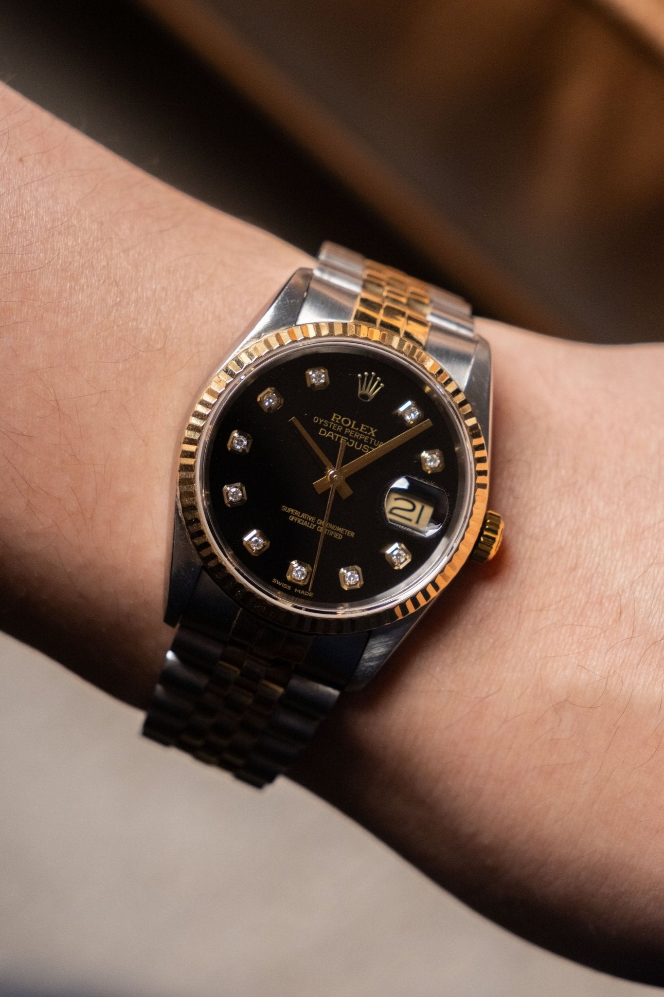 Rolex Datejust 36 Two - Tone Black Big Diamond Fluted Jubilee 16233G - Wristory