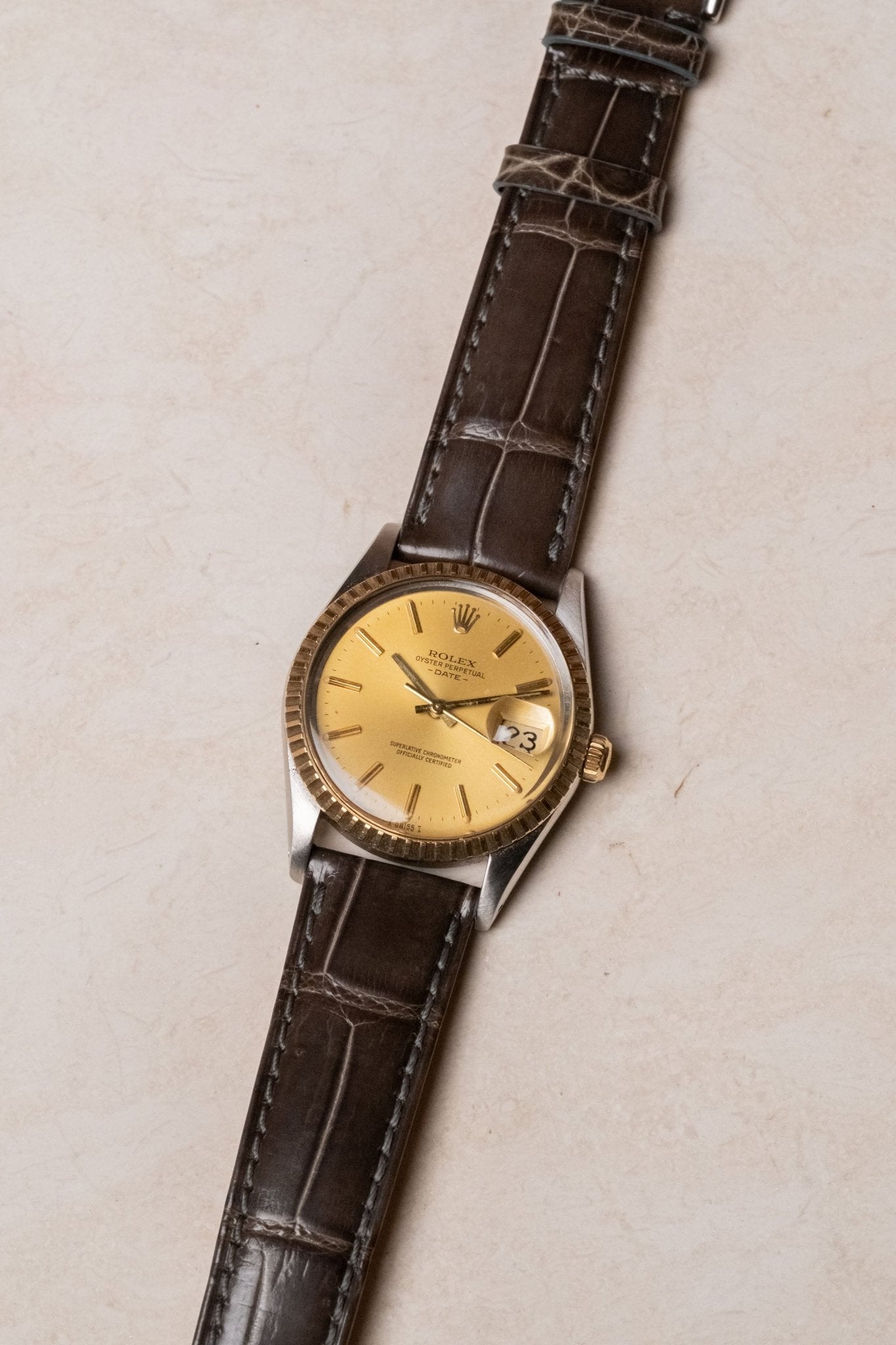1982 Rolex Oyster-Perpetual Date Champagne 15053 dial detail close-up