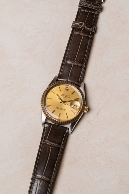 1982 Rolex Oyster-Perpetual Date Champagne 15053 dial detail close-up
