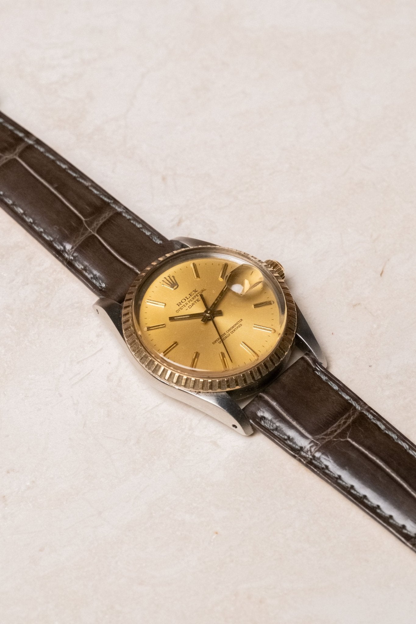 1982 Rolex Oyster-Perpetual Date Champagne 15053 dial detail close-up