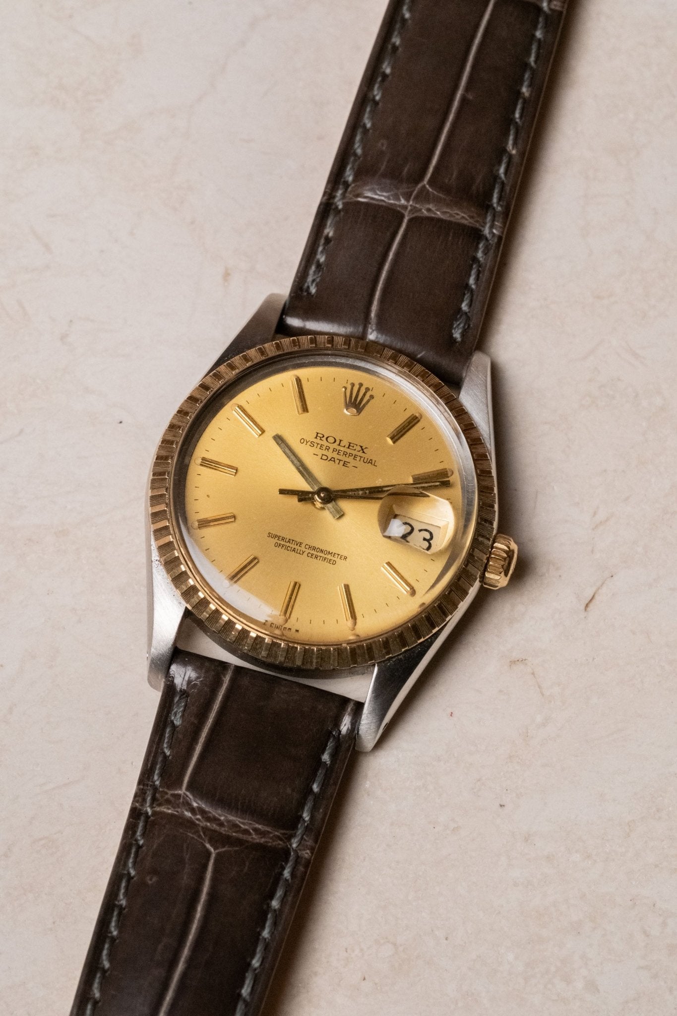 1982 Rolex Oyster-Perpetual Date Champagne 15053 dial detail close-up