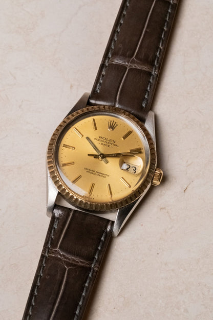 1982 Rolex Oyster-Perpetual Date Champagne 15053 dial detail close-up