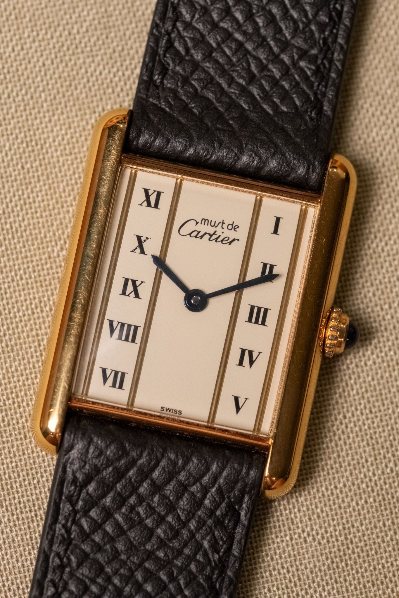 1990s Cartier Tank Vermeil Column Dial Large Quartz dial detail close-up