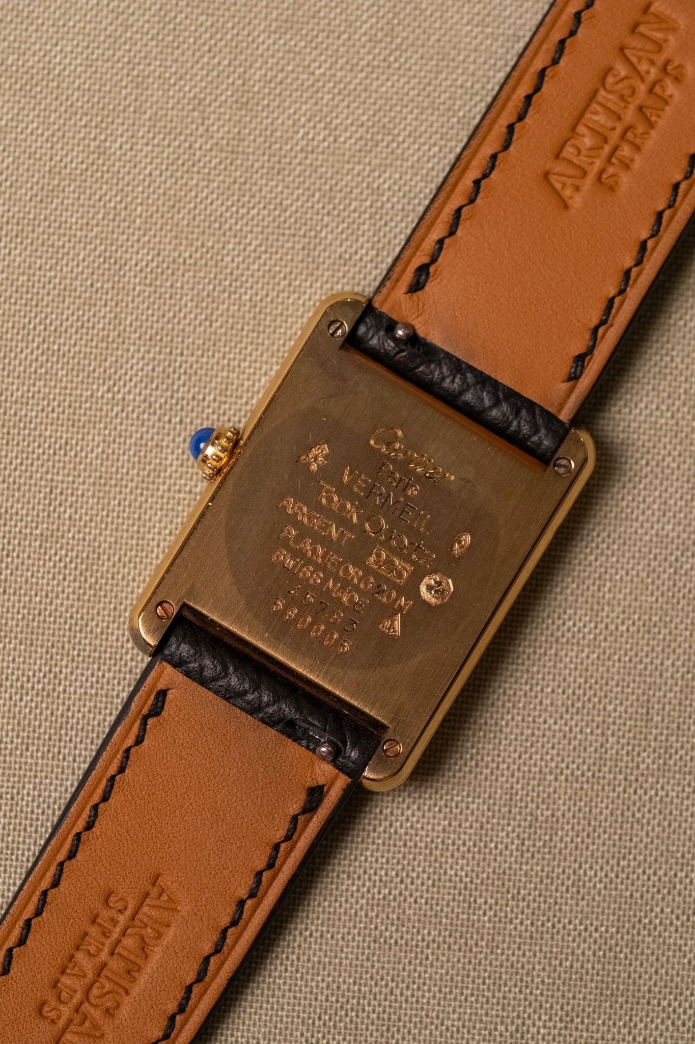 1990s Cartier Tank Vermeil Column Dial Large Quartz caseback view