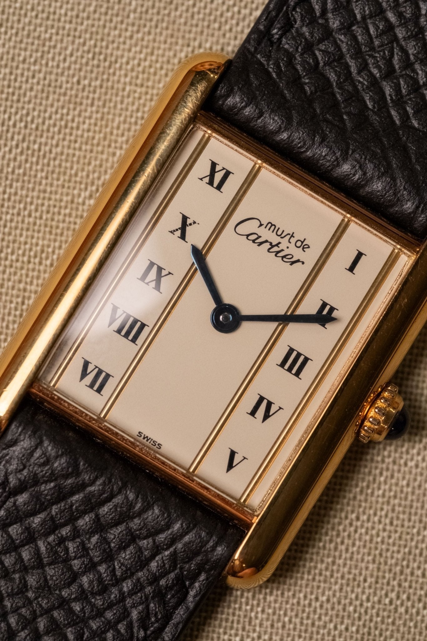 1990s Cartier Tank Vermeil Column Dial Large Quartz dial detail close-up