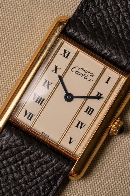 1990s Cartier Tank Vermeil Column Dial Large Quartz dial detail close-up