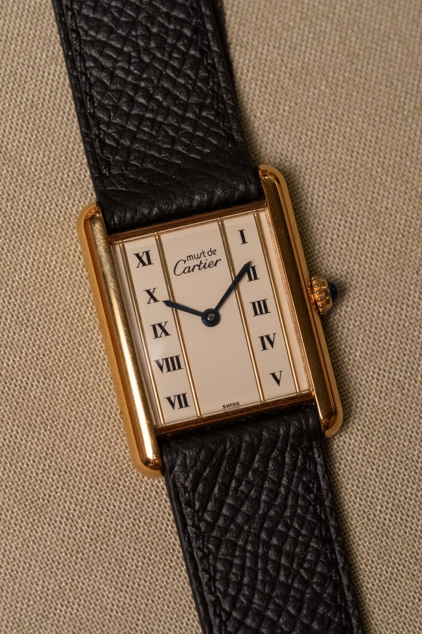 1990s Cartier Tank Vermeil Column Dial Large Quartz dial detail close-up