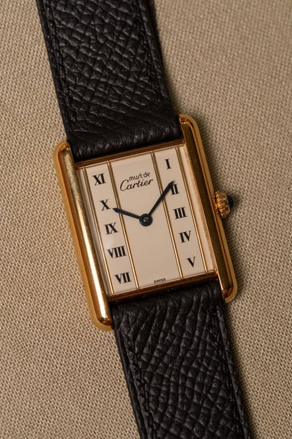 1990s Cartier Tank Vermeil Column Dial Large Quartz dial detail close-up