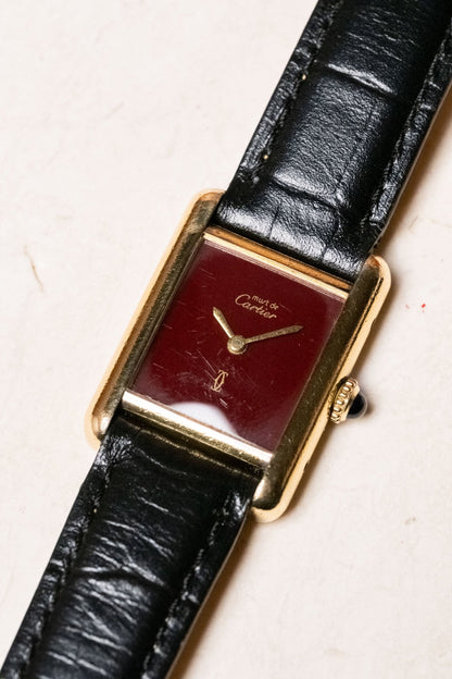 1990s Cartier Tank Must de Cartier Vermeil SM Burgundy Dial Ref. 3013201 - Wristory