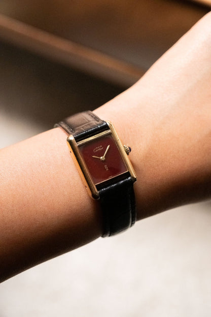 1990s Cartier Tank Must de Cartier Vermeil SM Burgundy Dial Ref. 3013201 - Wristory
