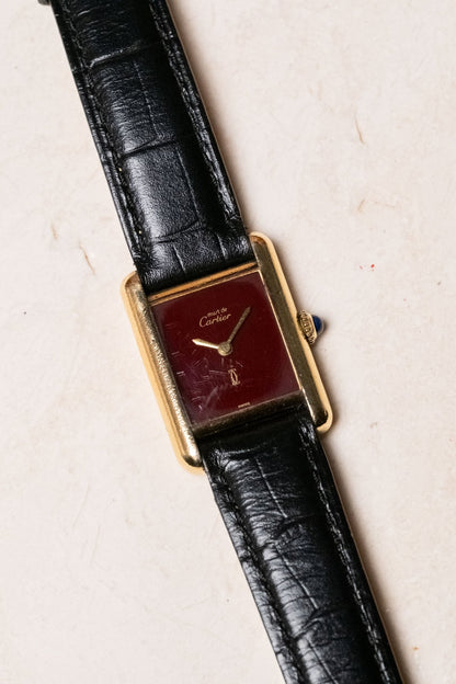 1990s Cartier Tank Must de Cartier Vermeil SM Burgundy Dial Ref. 3013201 - Wristory