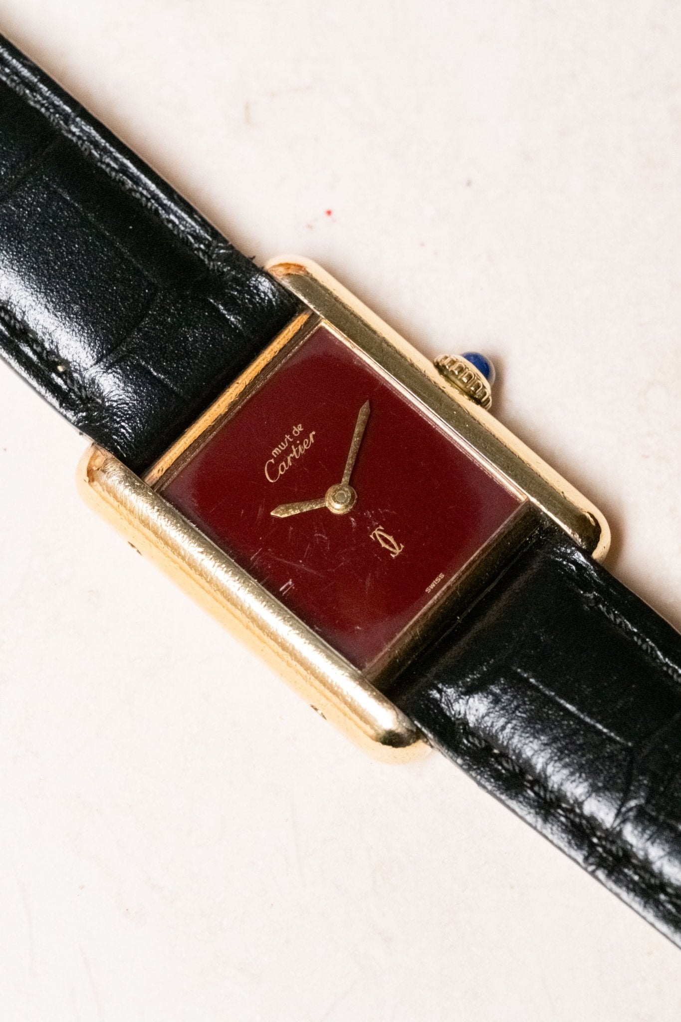 1990s Cartier Tank Must de Cartier Vermeil SM Burgundy Dial Ref. 3013201 - Wristory
