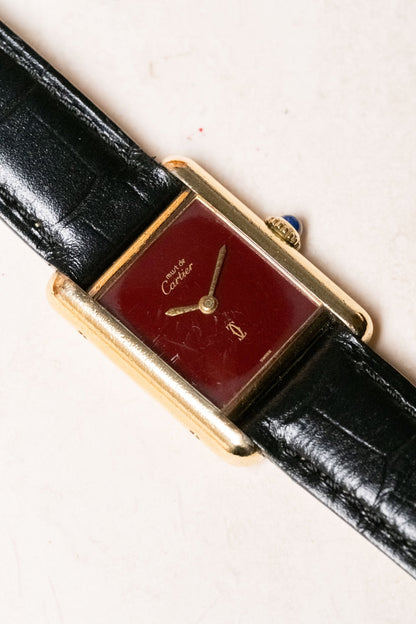1990s Cartier Tank Must de Cartier Vermeil SM Burgundy Dial Ref. 3013201 - Wristory