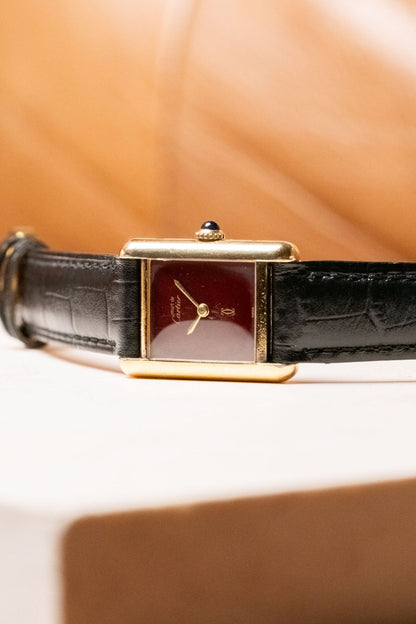1990s Cartier Tank Must de Cartier Vermeil SM Burgundy Dial Ref. 3013201 - Wristory
