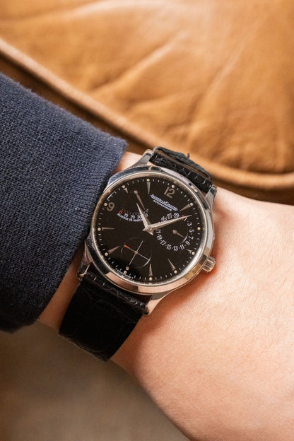 1990s Jaeger-LeCoultre Master Control Automatic Black Dial “Automatique” 140.8.93 dial detail close-up