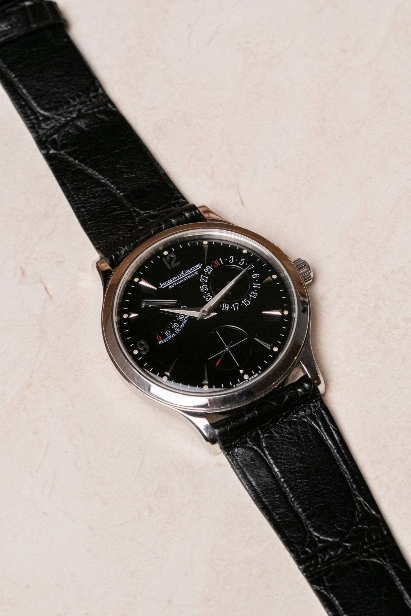 1990s Jaeger-LeCoultre Master Control Automatic Black Dial “Automatique” 140.8.93 dial detail close-up
