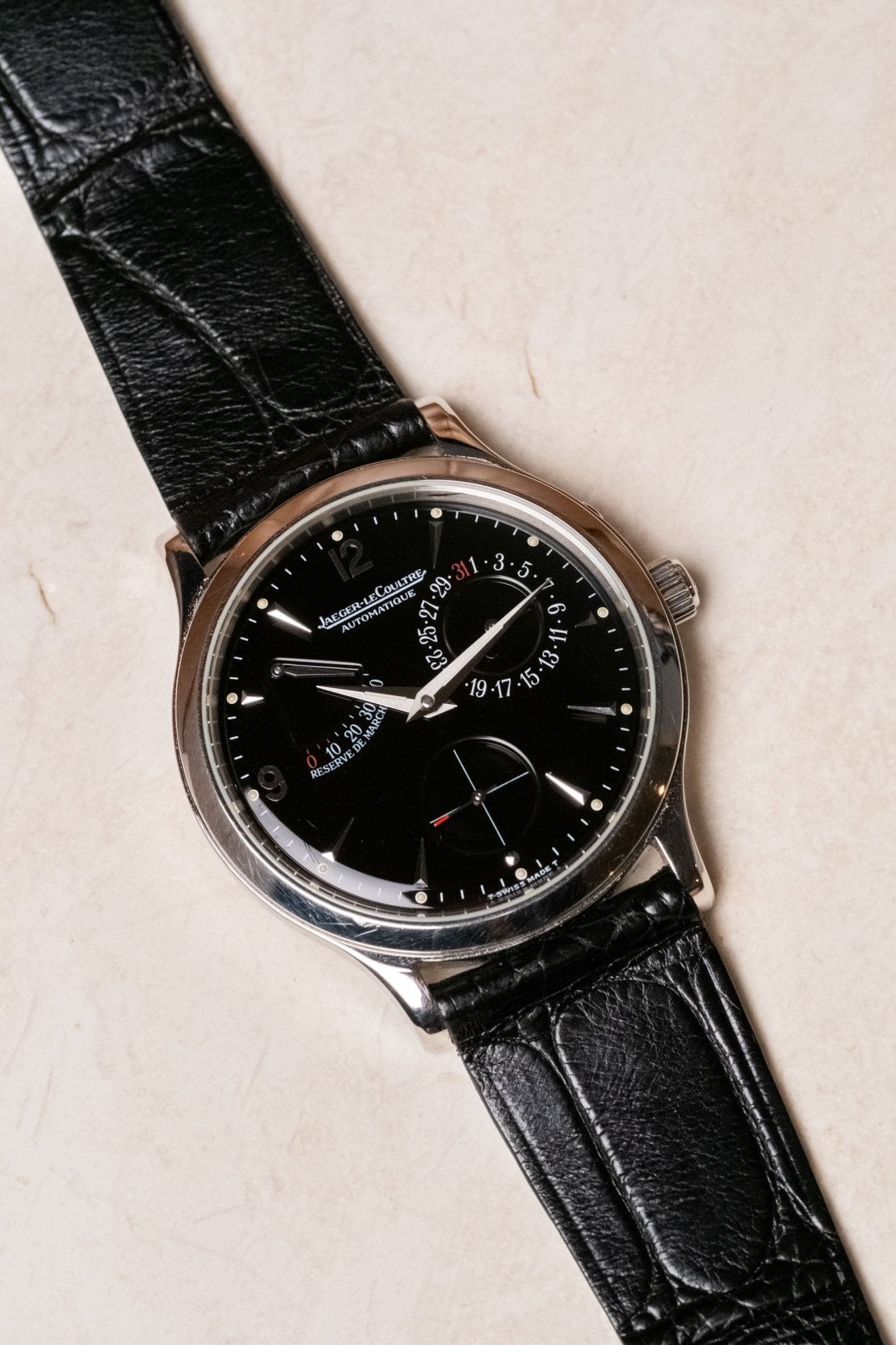 1990s Jaeger-LeCoultre Master Control Automatic Black Dial “Automatique” 140.8.93 dial detail close-up