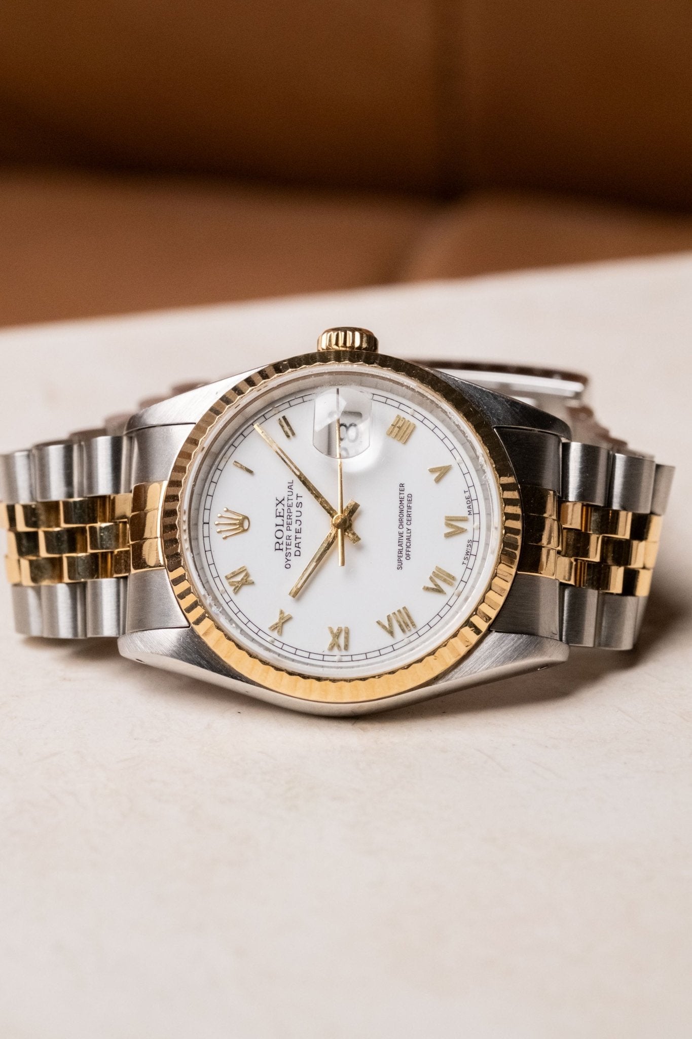 1993 Rolex Datejust 36 Two - Tone White Roman Dial Ref 16233 - Wristory