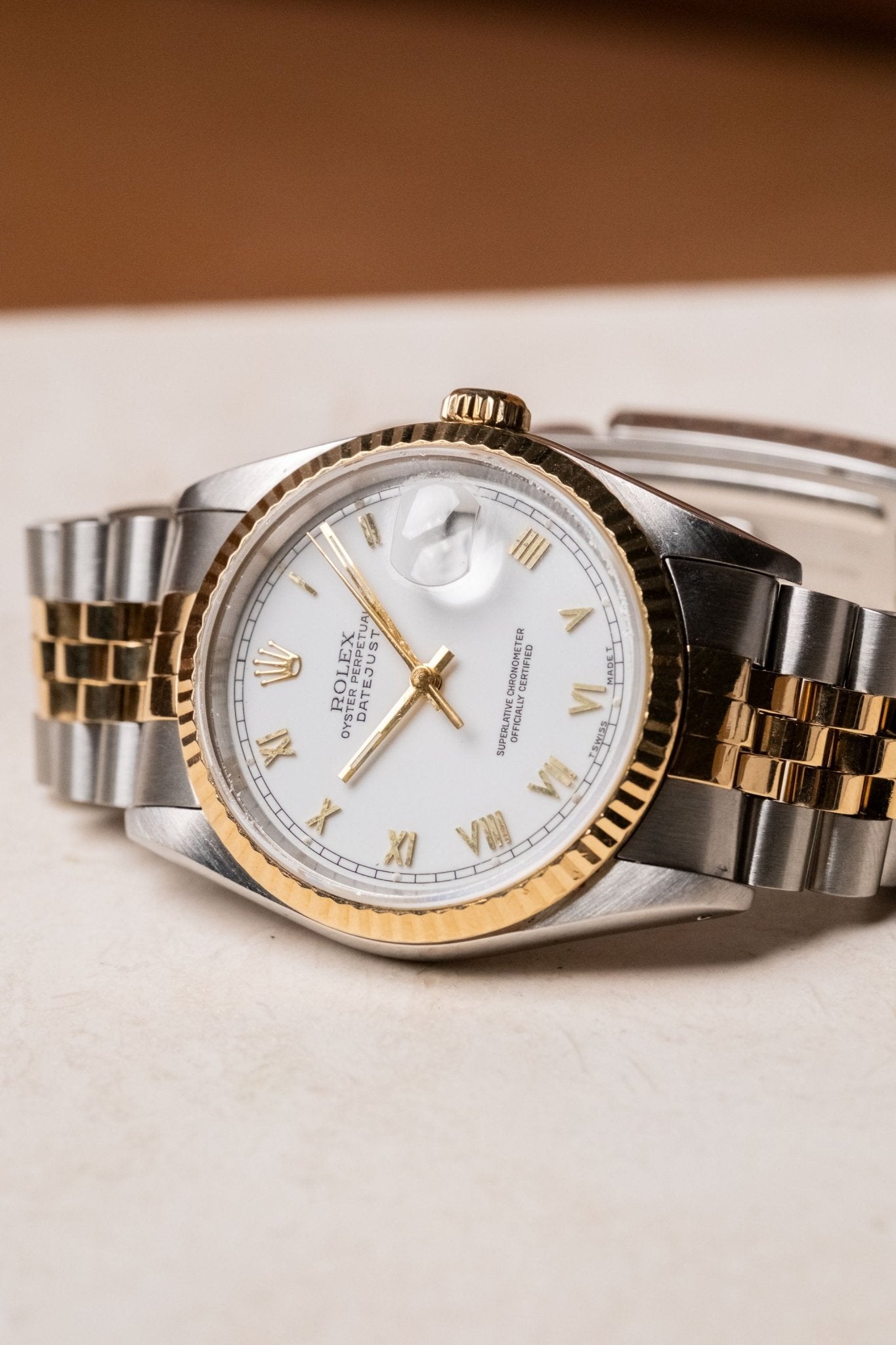 1993 Rolex Datejust 36 Two - Tone White Roman Dial Ref 16233 - Wristory