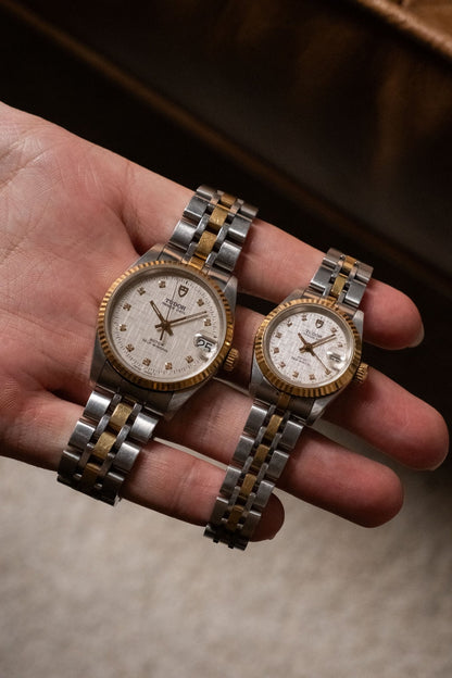 1996 & 1998 Tudor Prince & Princess Oyster-Date 72033 & 92413 dial detail close-up