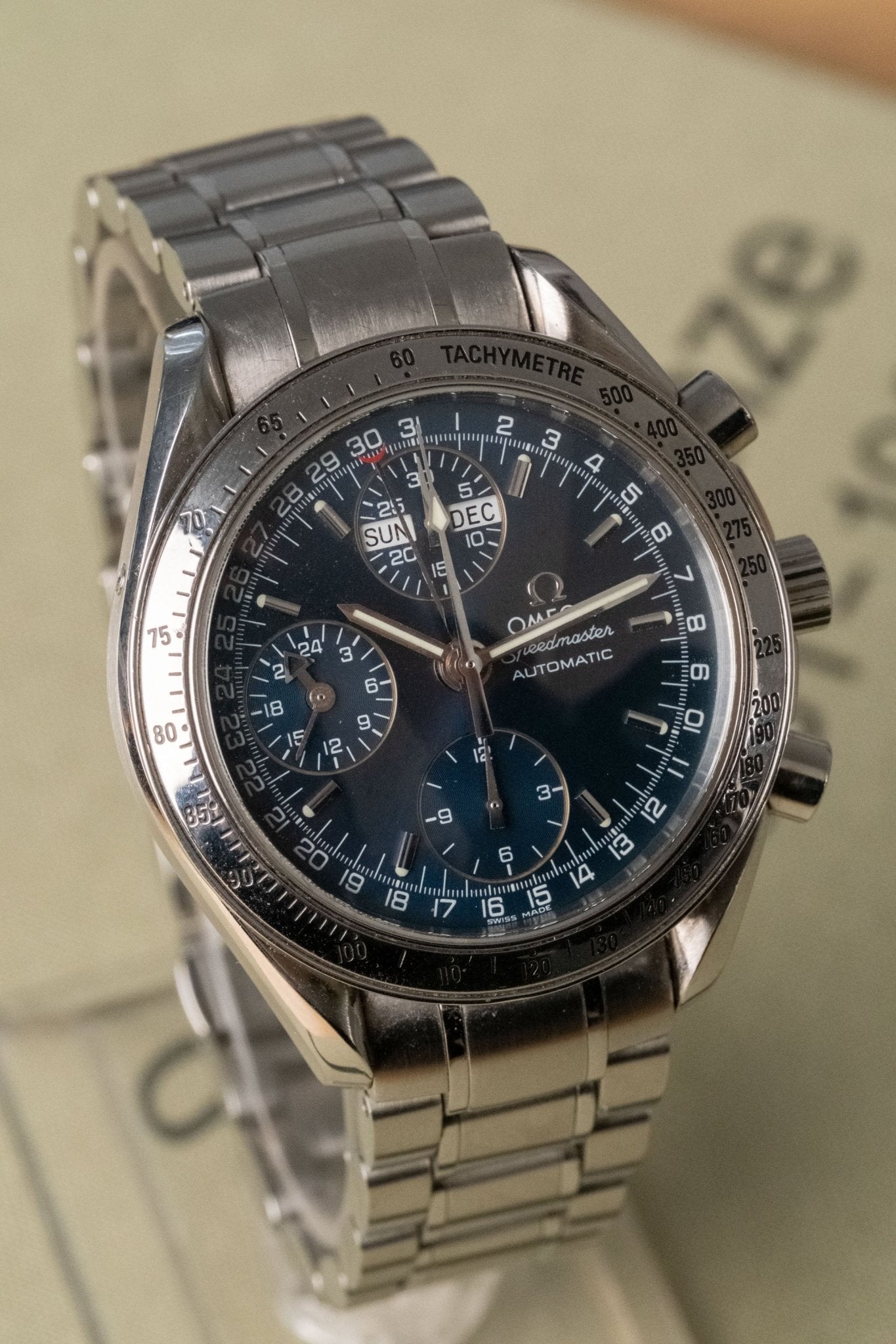 1998 OMEGA Speedmaster Day-Date 3523.8 dial detail close-up