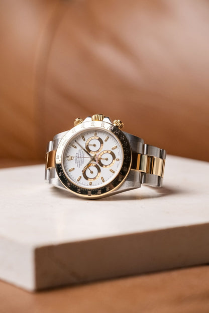 Rolex Daytona 16523 two-tone white dial front view at Wristory Melbourne