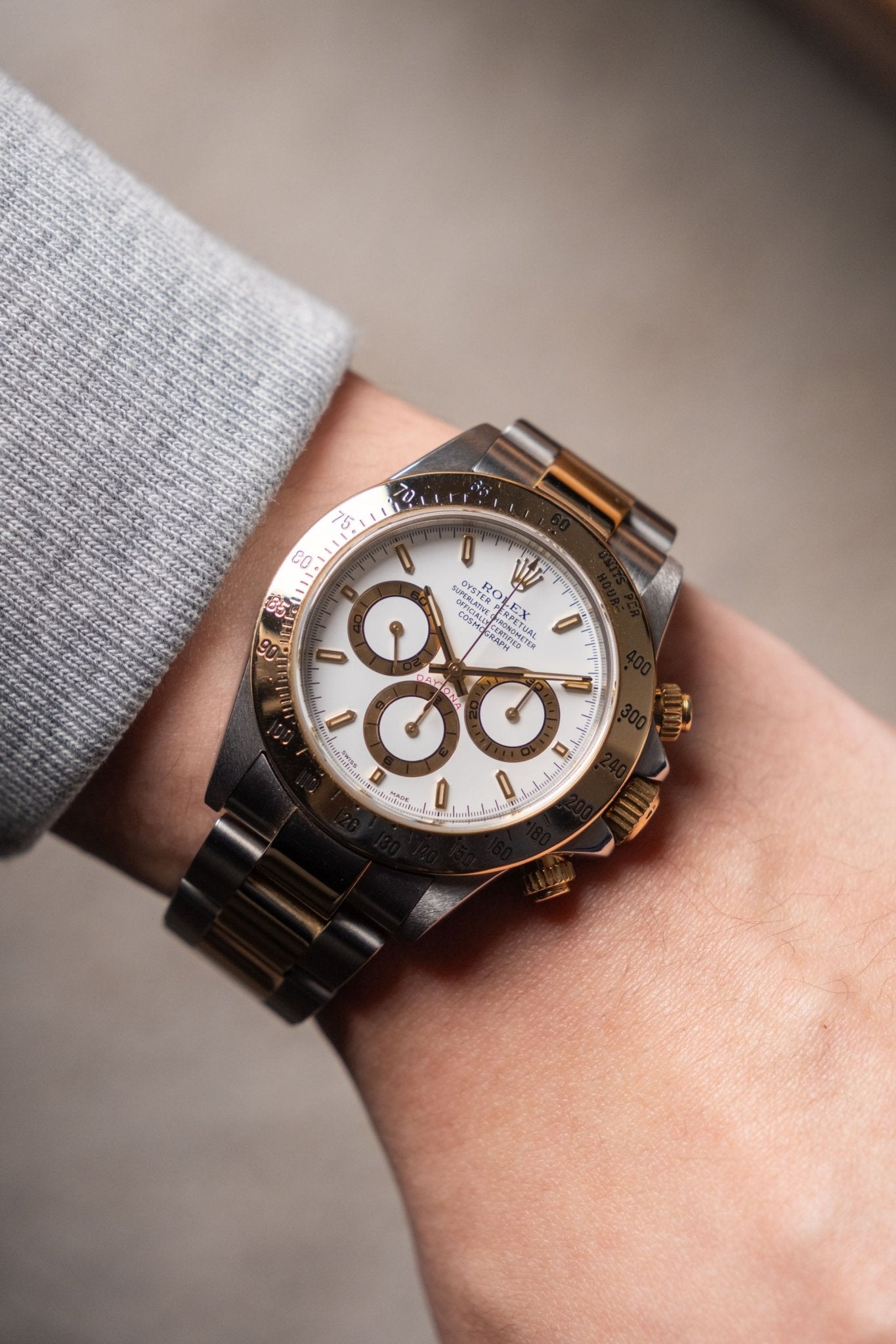Rolex Daytona 16523 steel and 18k gold chronograph worn on wrist