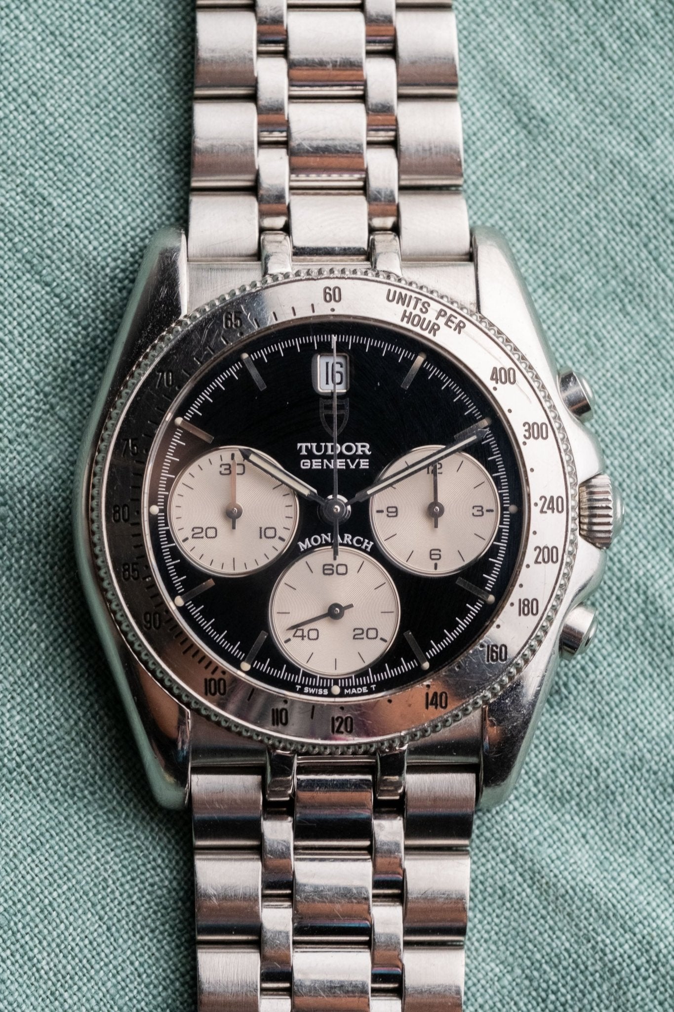 2005 Tudor Monarch Chronograph "Reverse Panda" 15900 dial detail close-up