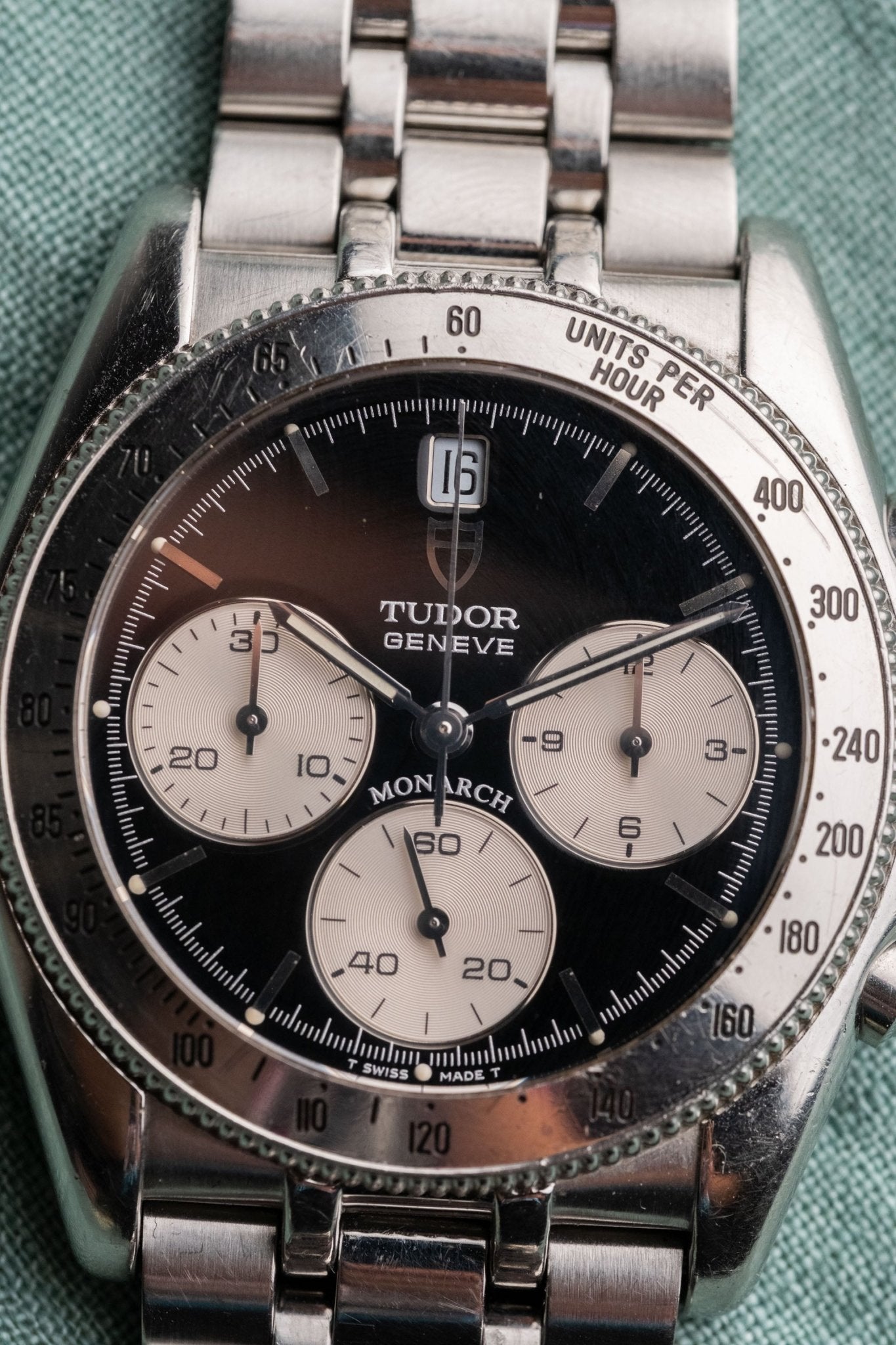 2005 Tudor Monarch Chronograph "Reverse Panda" 15900 dial detail close-up