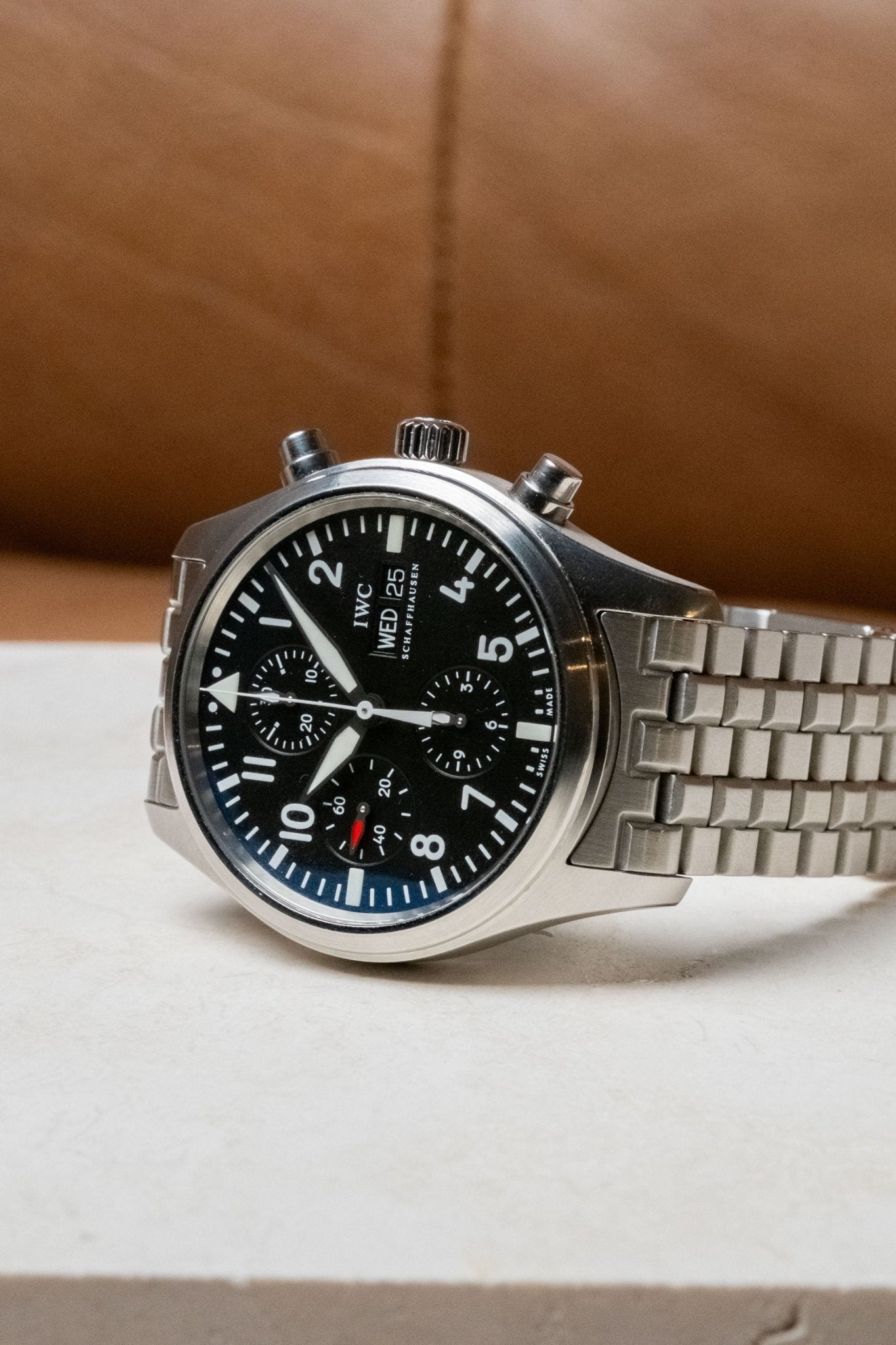 2007 IWC Schaffhausen Pilot’s Watch Chronograph IW371704 dial detail close-up