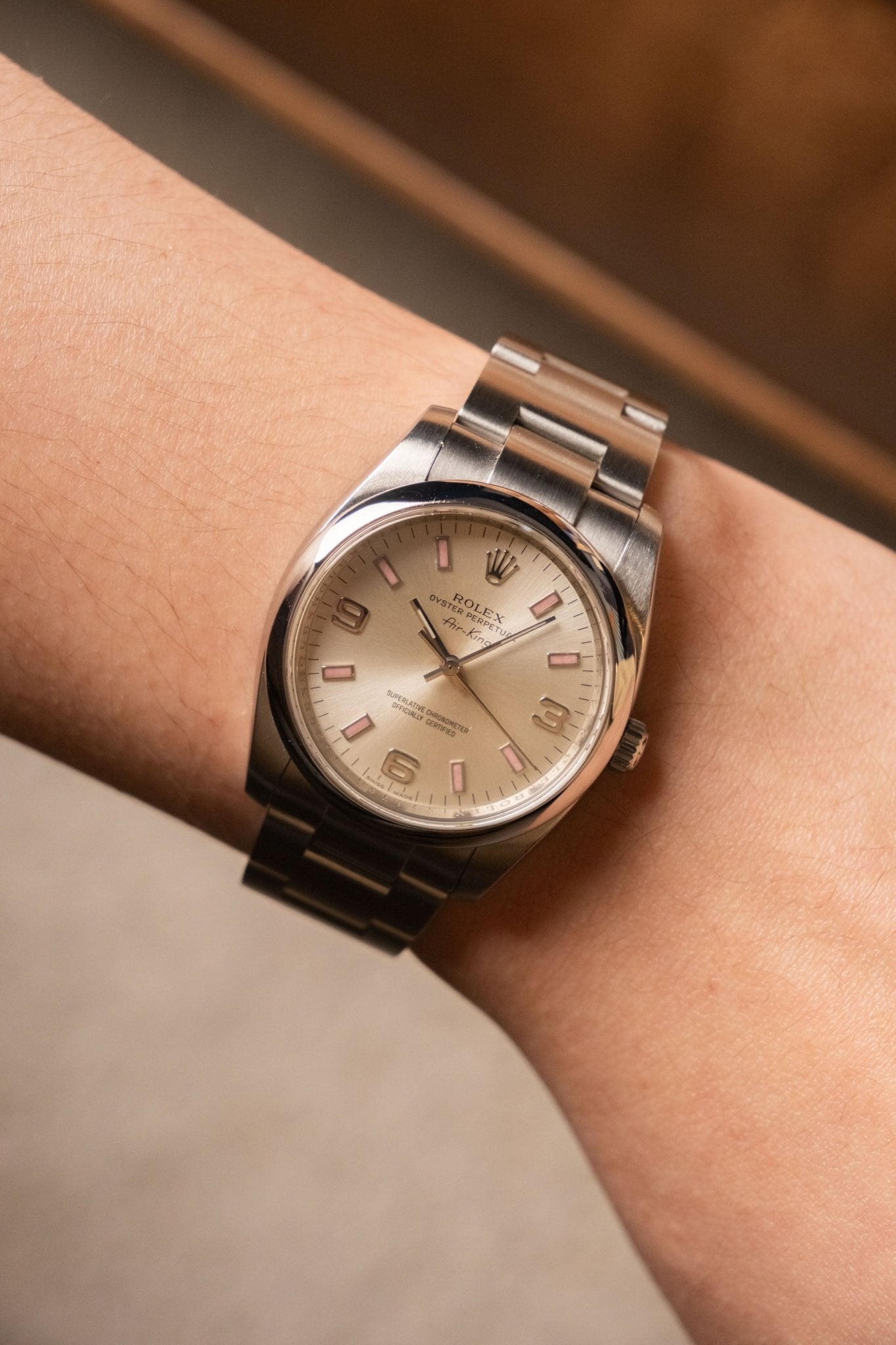 2008 Rolex Air King Oyster Perpetual 34 Pink Indexes 3/6/9 Dial Ref. 114200 - Wristory
