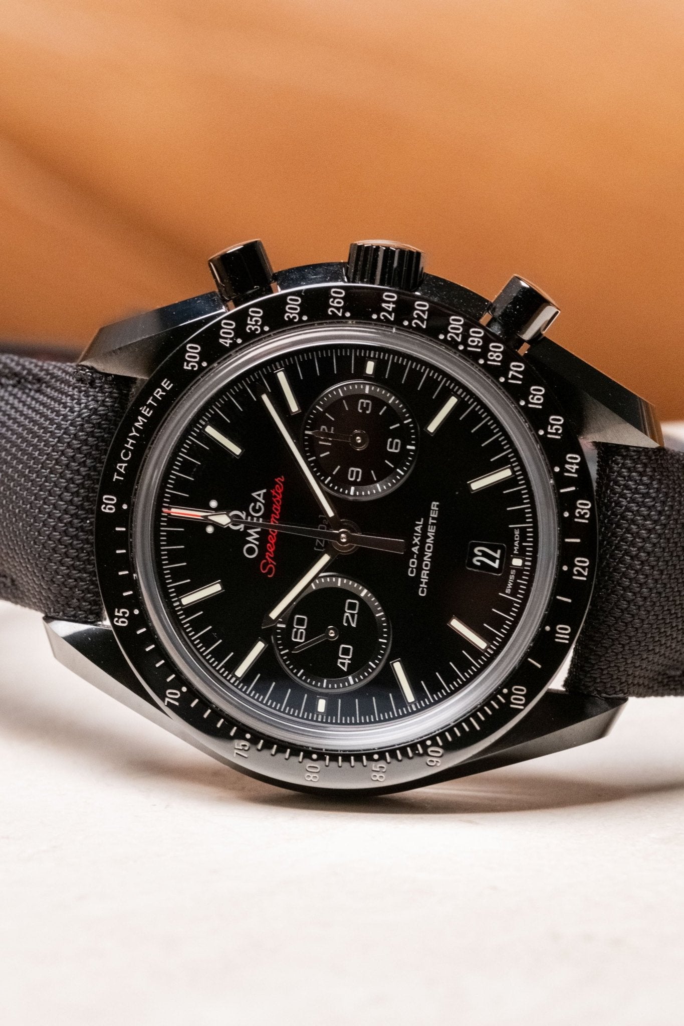 2014 OMEGA Speedmaster Ceramic OG “Dark Side of the Moon” 311.92.44.51.01.003 dial detail close-up