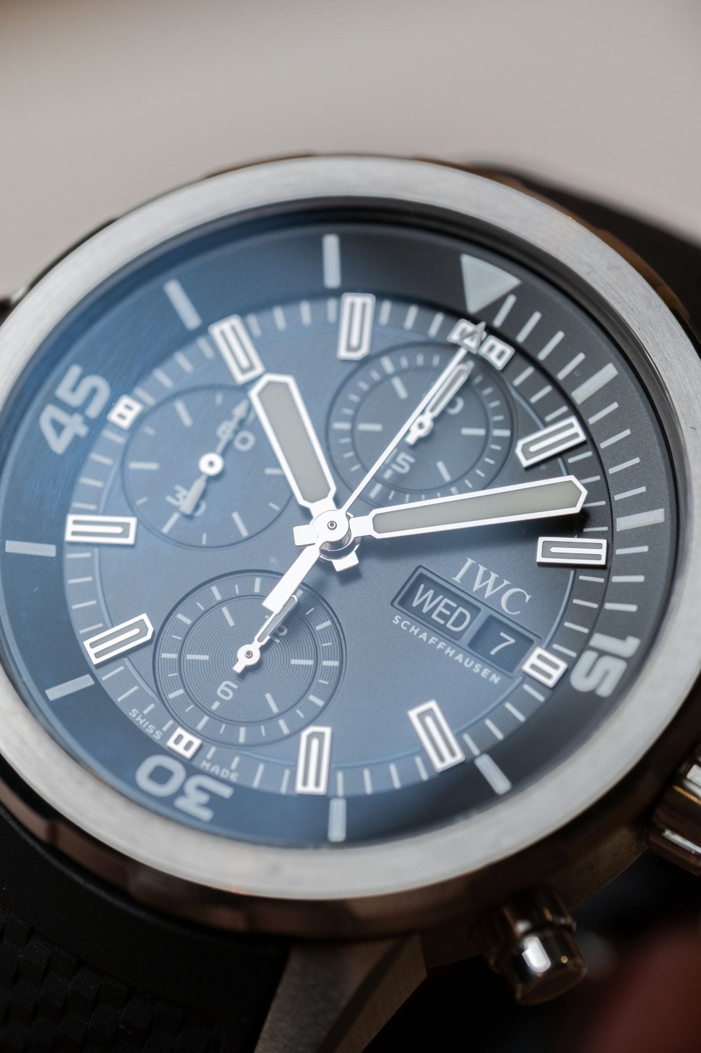 2019 IWC Schaffhausen Aquatimer Chronograph dial detail close-up