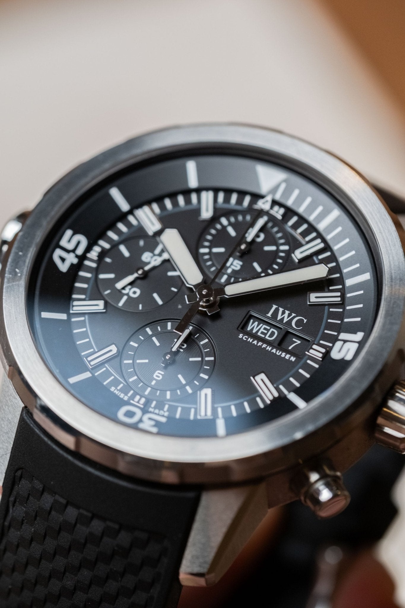 2019 IWC Schaffhausen Aquatimer Chronograph dial detail close-up