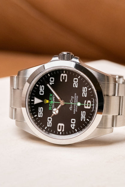 2022 Rolex Air-King 40 Black Dial Oystersteel 126900 dial detail close-up