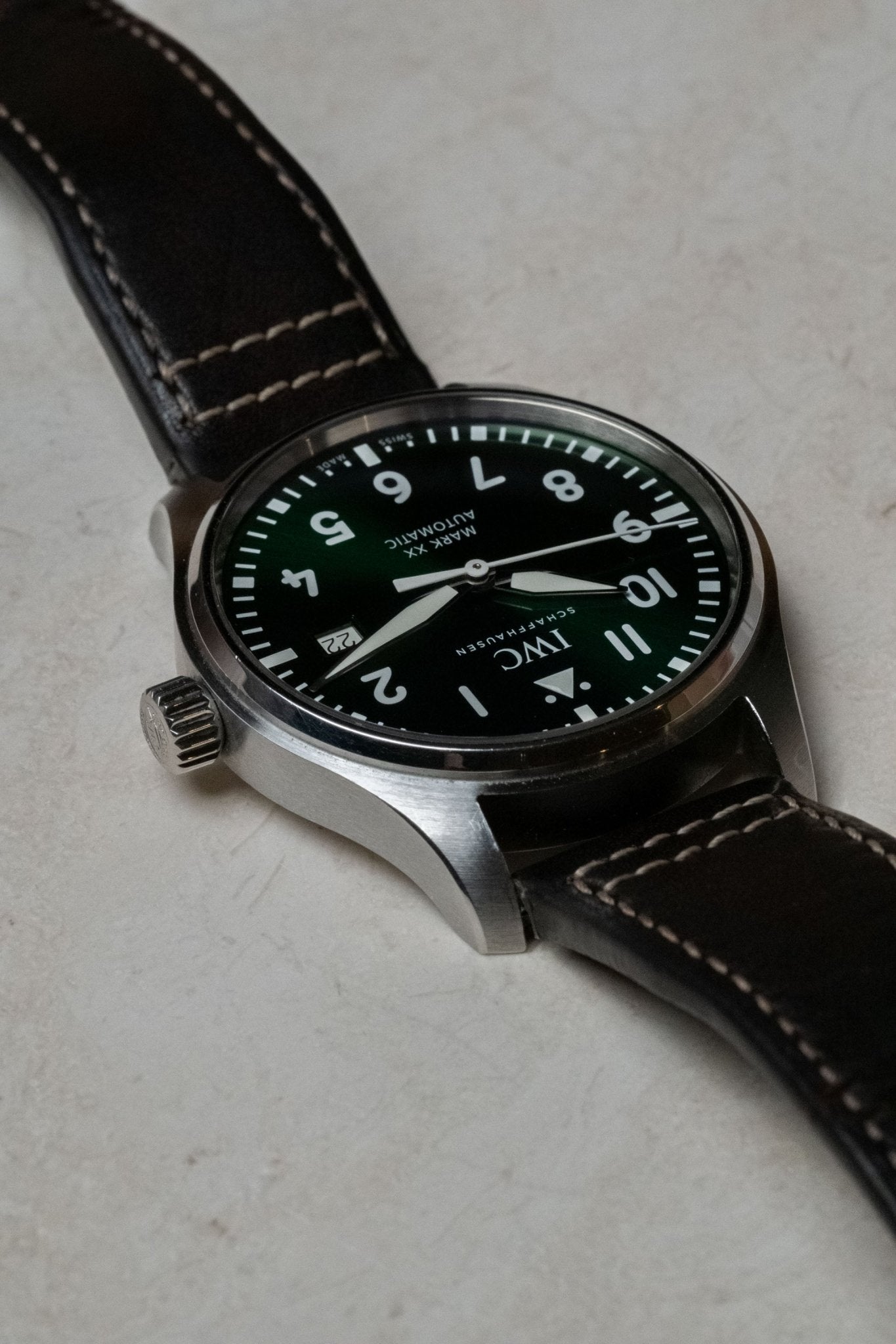 2023 IWC Schaffhausen Mark XX Green dial detail close-up