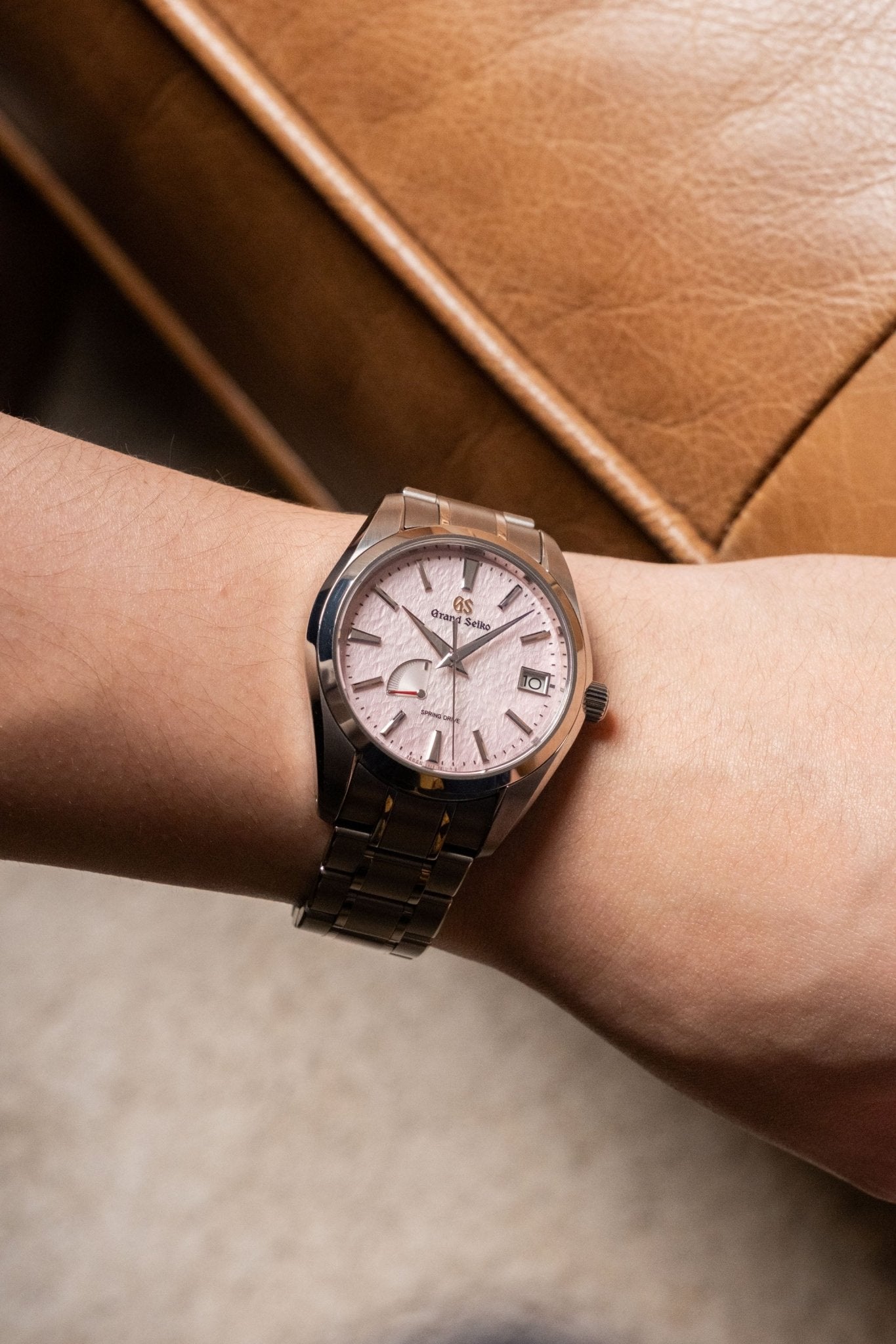 2024 Grand Seiko Heritage Collection Spring Drive 20th Anniversary Pink Snowflake SBGA497 dial detail close-up