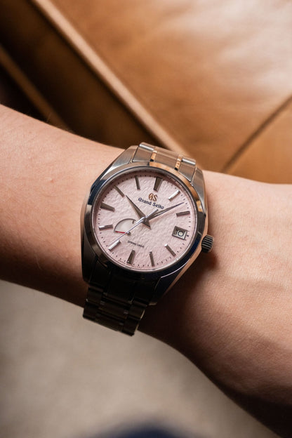2024 Grand Seiko Heritage Collection Spring Drive 20th Anniversary Pink Snowflake SBGA497 dial detail close-up