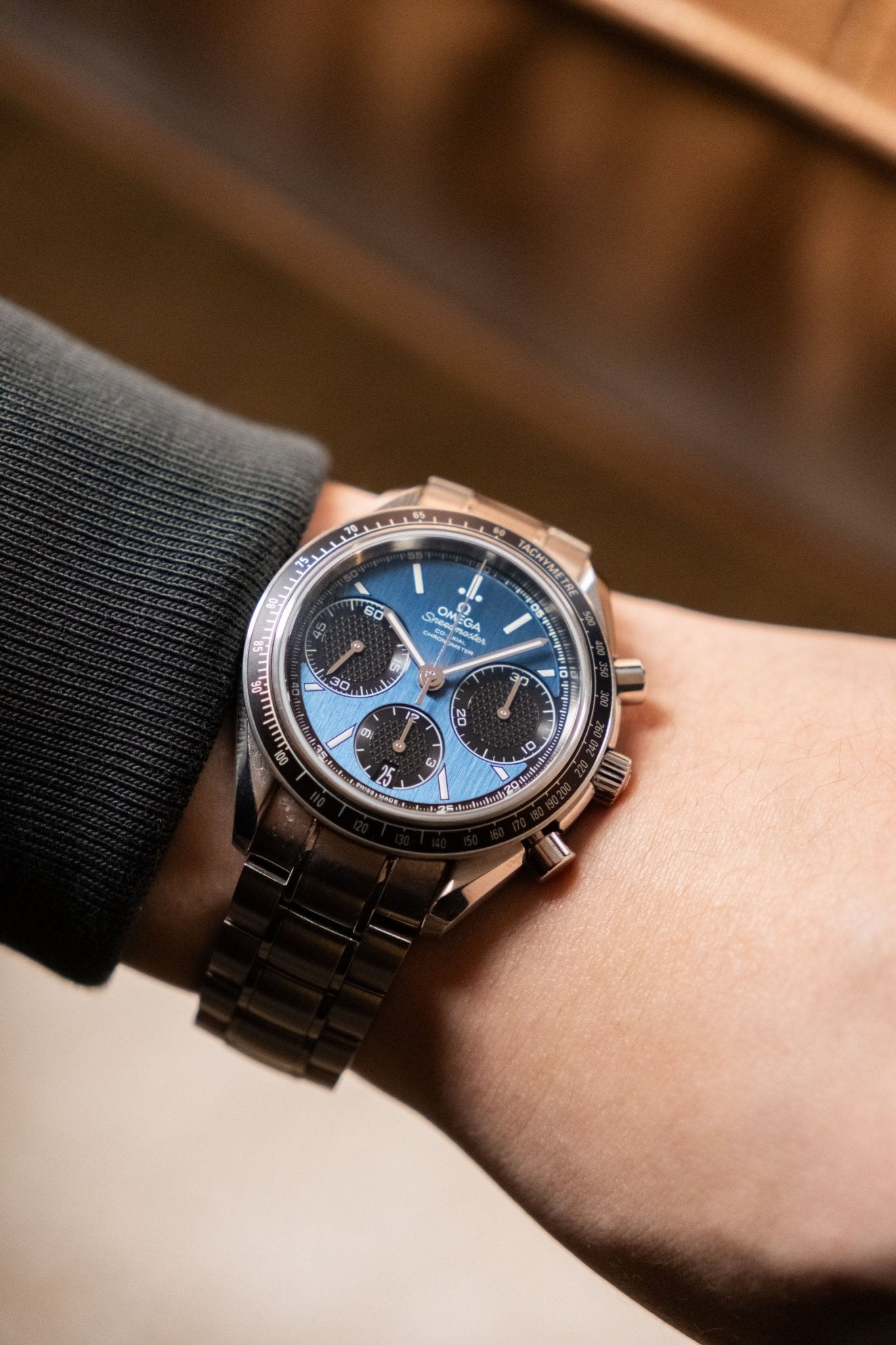 2024 OMEGA Speedmaster Racing Chronograph Blue Dial 326.30.40.50.03.001 dial detail close-up