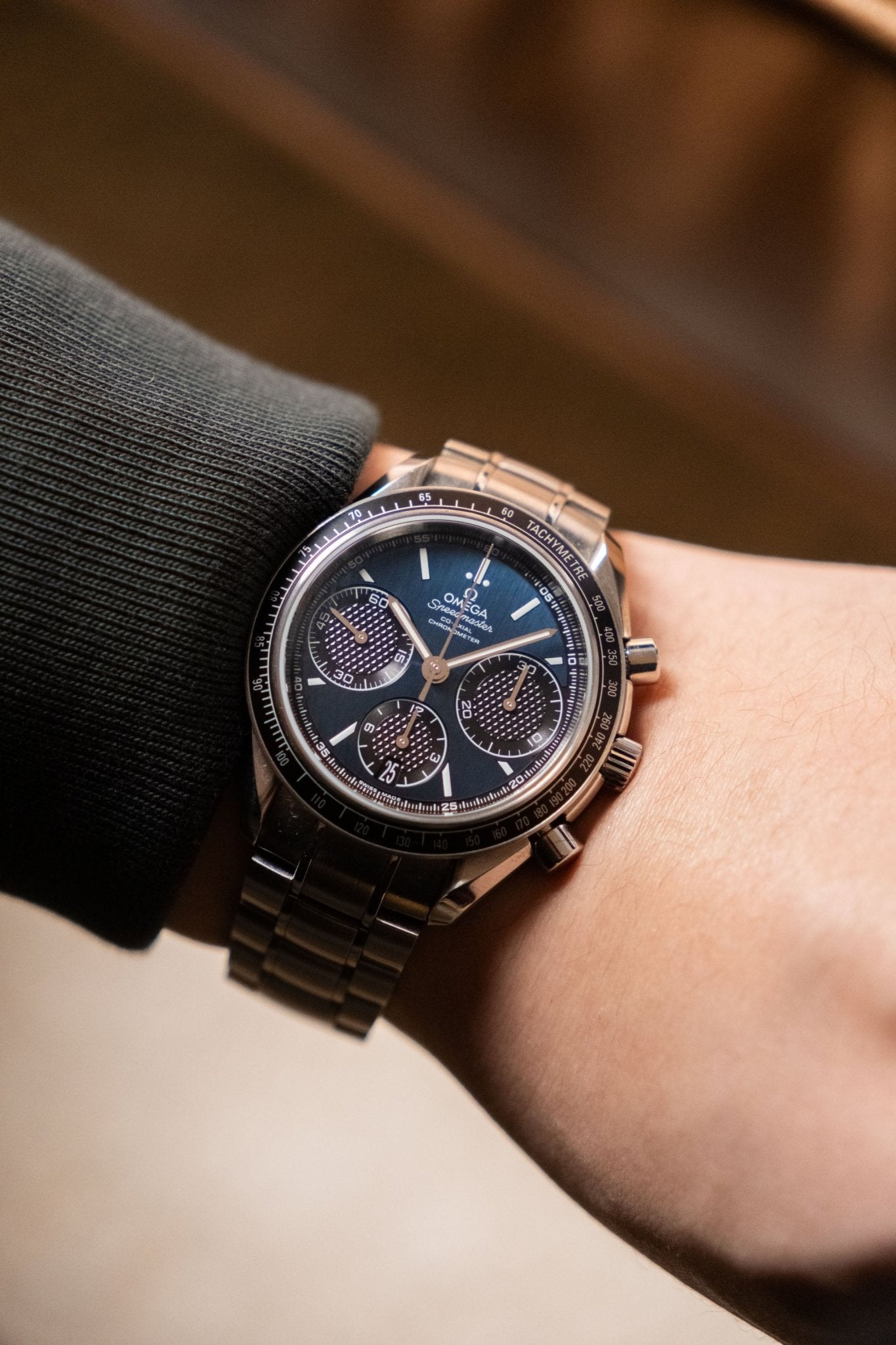 2024 OMEGA Speedmaster Racing Chronograph Blue Dial 326.30.40.50.03.001 dial detail close-up