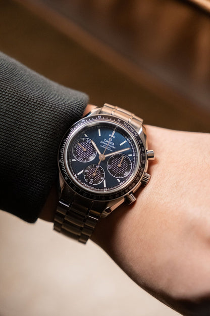 2024 OMEGA Speedmaster Racing Chronograph Blue Dial 326.30.40.50.03.001 dial detail close-up