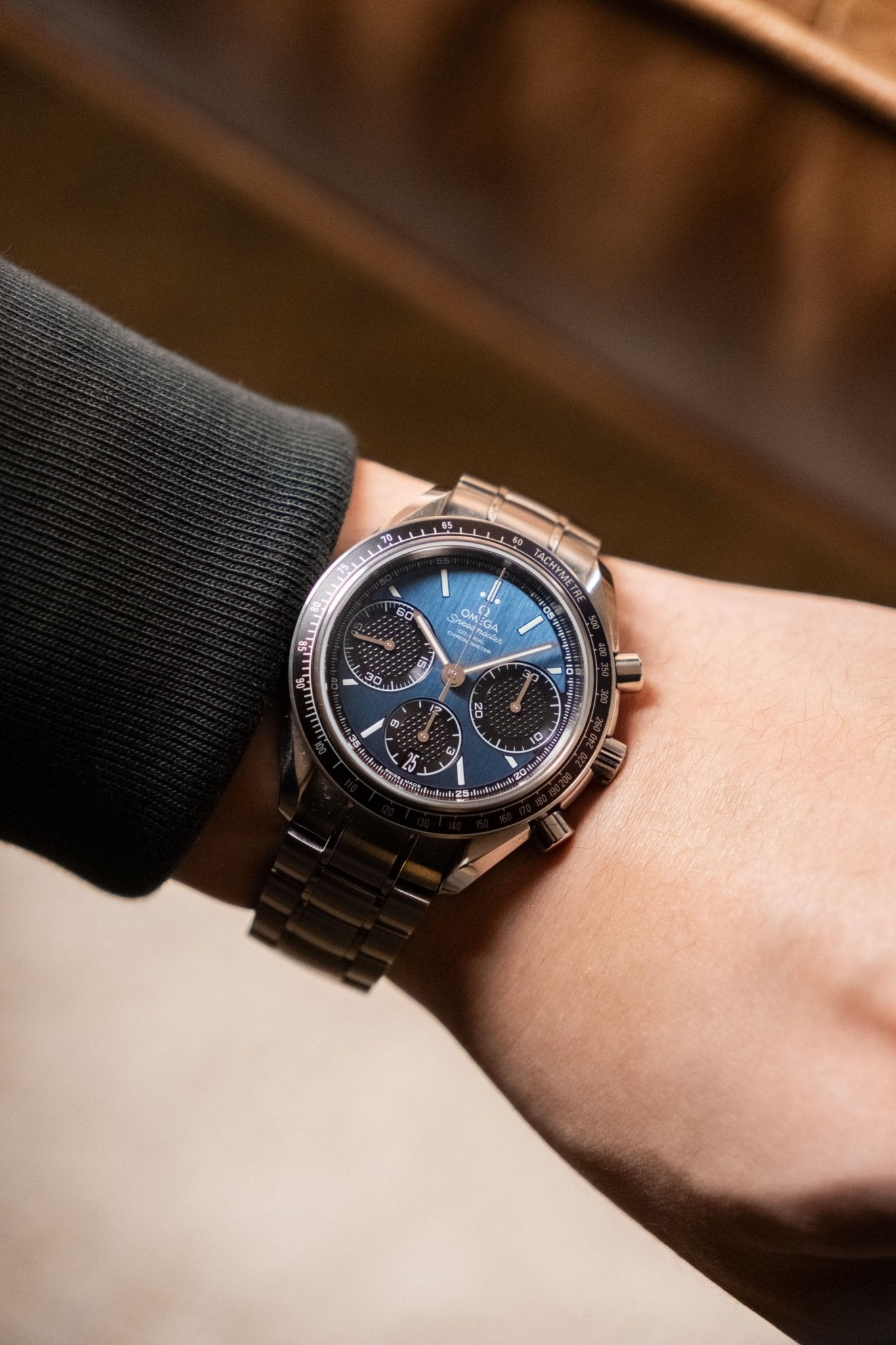2024 OMEGA Speedmaster Racing Chronograph Blue Dial 326.30.40.50.03.001 dial detail close-up