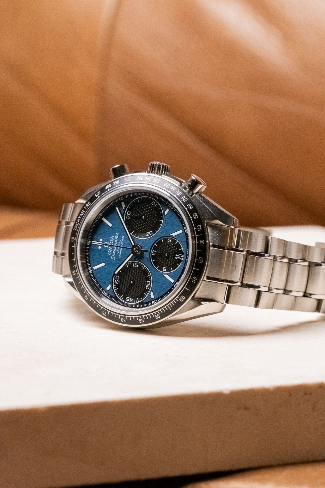 2024 OMEGA Speedmaster Racing Chronograph Blue Dial 326.30.40.50.03.001 dial detail close-up