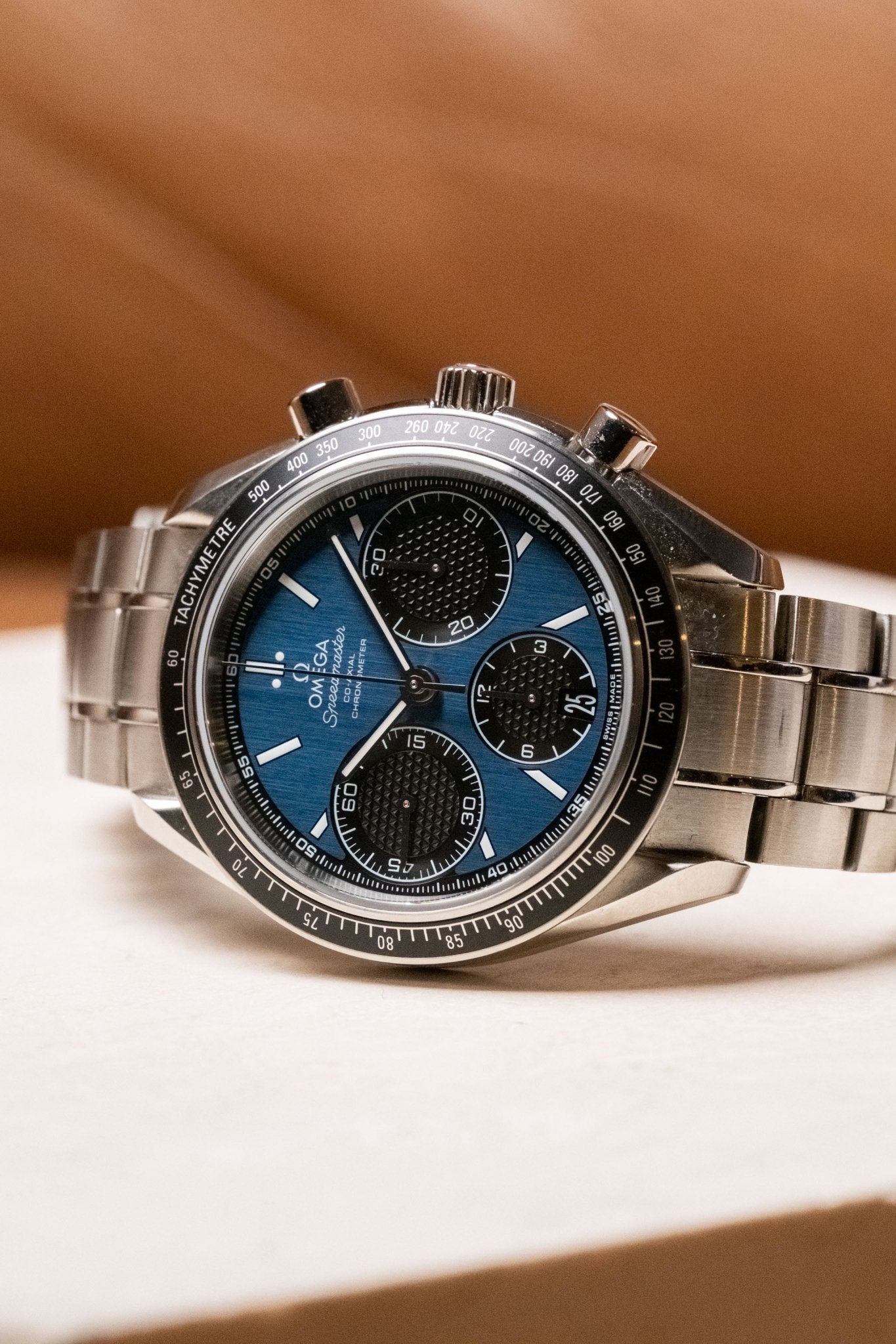 2024 OMEGA Speedmaster Racing Chronograph Blue Dial 326.30.40.50.03.001 dial detail close-up