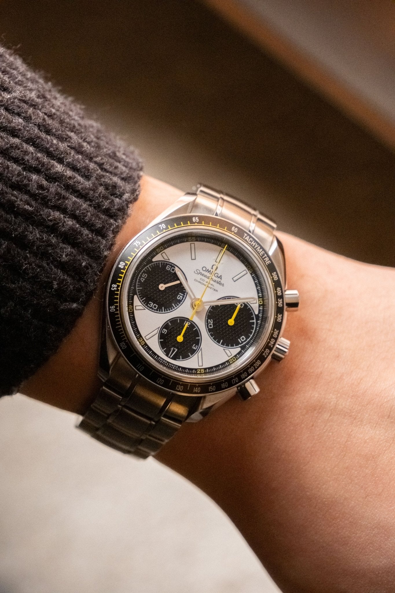 2024 OMEGA Speedmaster Racing White Dial with Yellow Accents Ref. 326.30.40.50.04.001 - Wristory