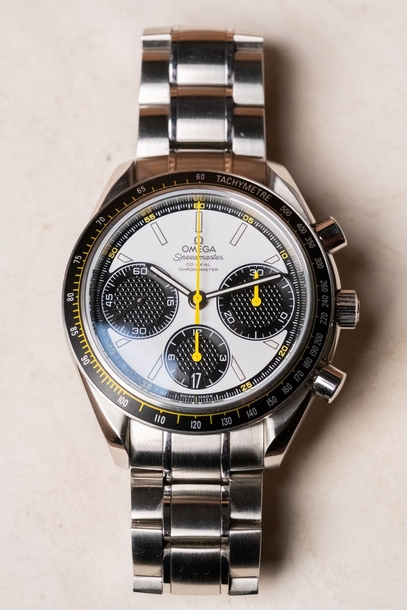 2024 OMEGA Speedmaster Racing White Dial with Yellow Accents Ref. 326.30.40.50.04.001 - Wristory